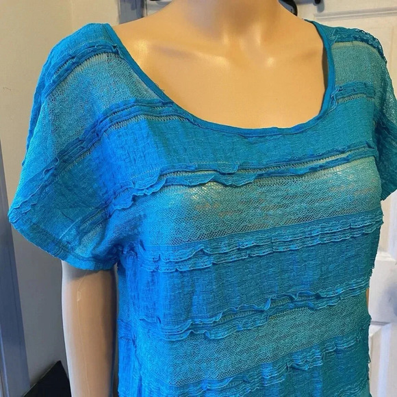 Y2K Vous Couture Mesh Lace Ruffle Blouse Top Women’s L Stretch Casual Blue Fairy - Picture 8 of 8